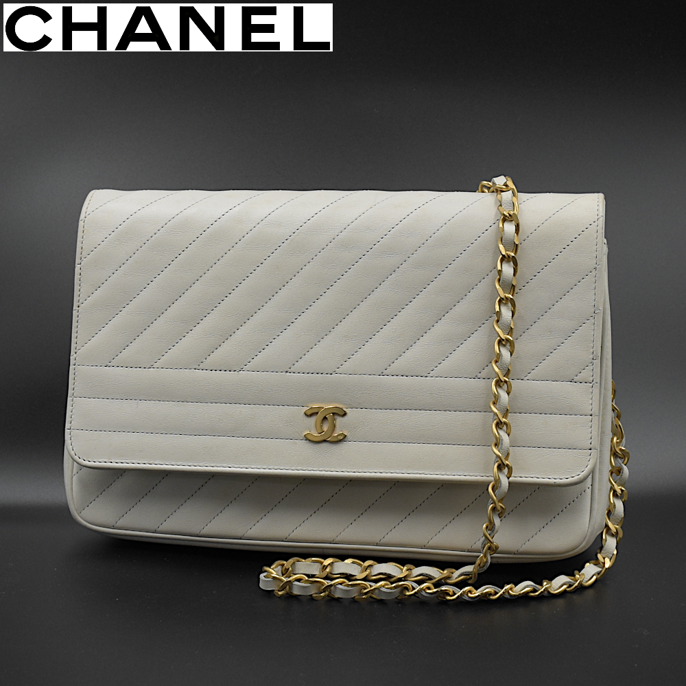 【A02444】CHANEL シャネル ストライプステッチ ココマーク チェーンショルダーバッグ ゴールド×ホワイト