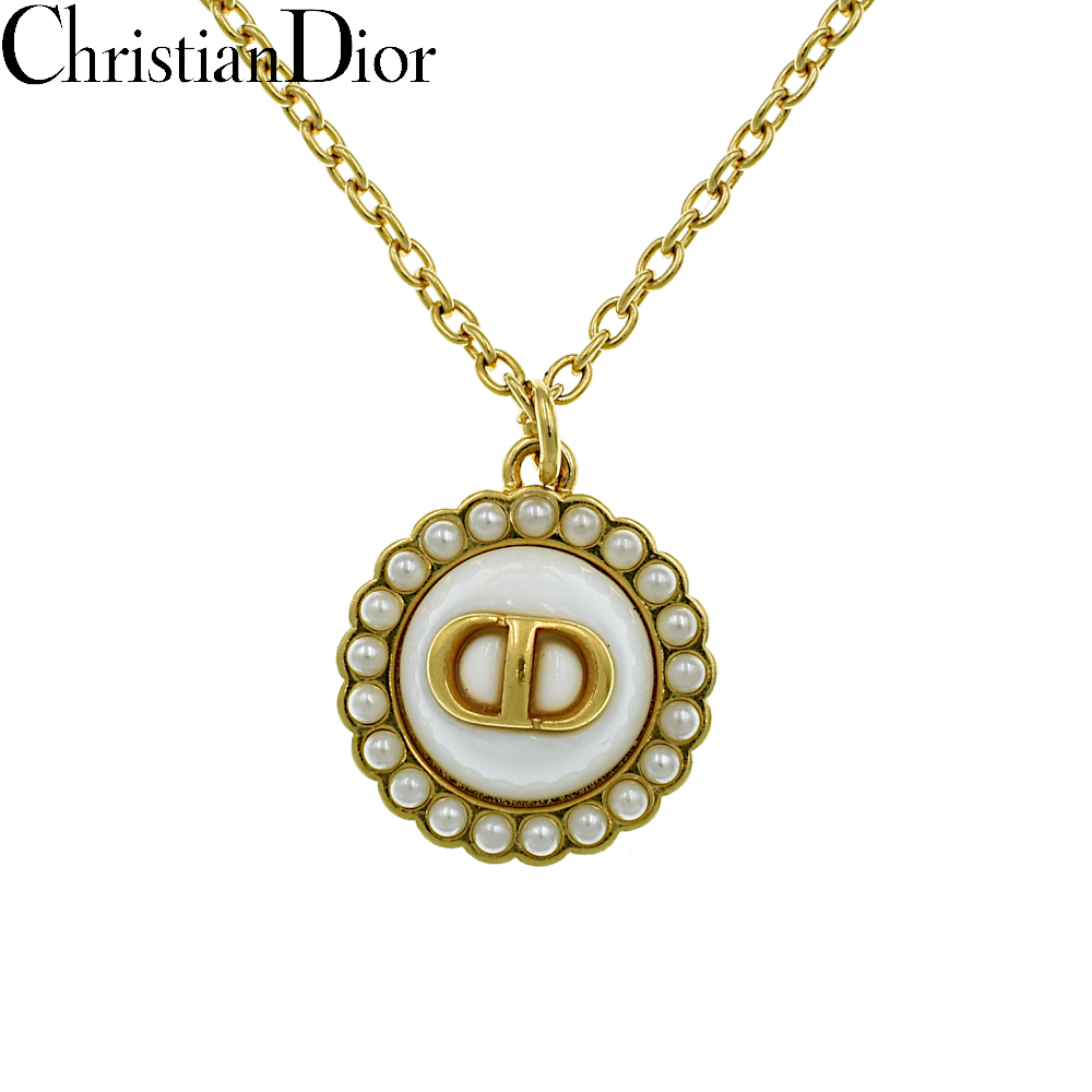 【A02475】Christian Dior クリスチャンディオール メタル レジンパール ネックレス ゴールド