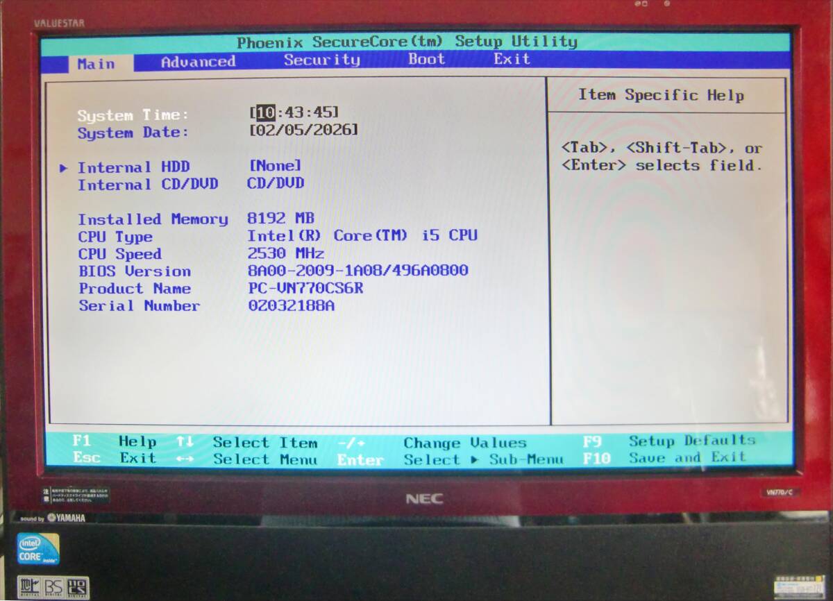  NEC　ジャンク　　PC-VN770CS6R 一体型 BIOSのみ確認　 画面側と裏カバーネジなし CPU:Core i5 ブルーレイディスク　本体のみ