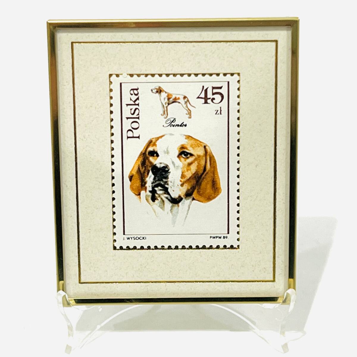 A 【1円スタート】1989年 ポーランド 45ズウォティ イングリッシュ・ポインター バラ切手 アートプリント 収集 コレクション ヴィンテージ