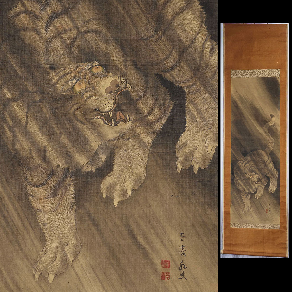 【真作】XJ60 旧家初出 在銘 虎之図 極細密 水墨 肉筆 絹本 掛軸 / 中国古玩 朝鮮美術 李朝民画 花鳥図 清代 清朝期 江戸期