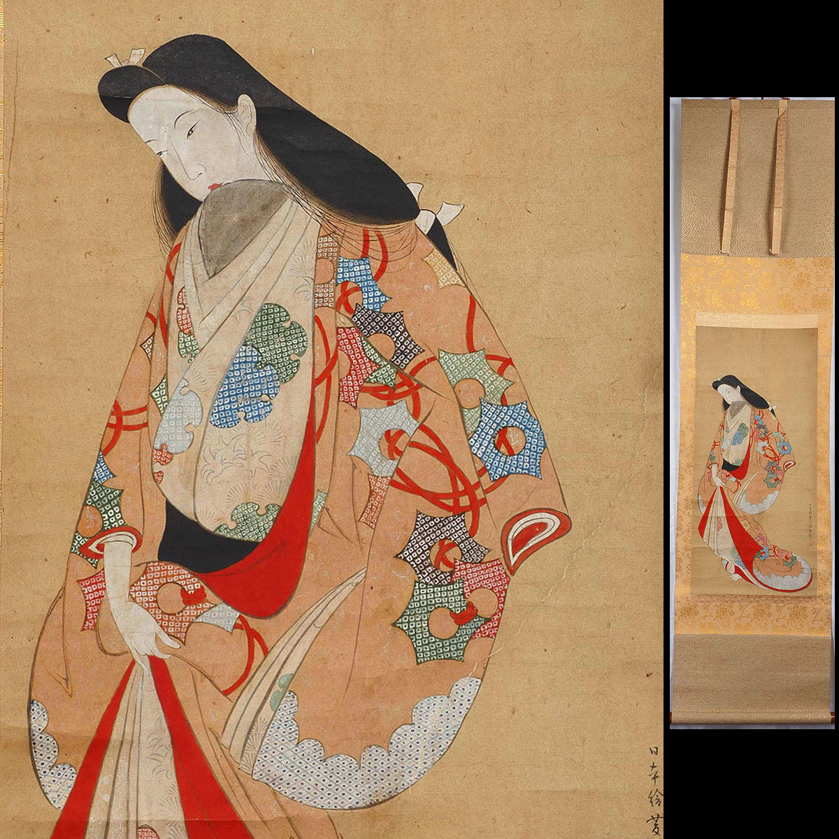 【模写】XJ70 旧家初出 菱川師宜 美人画 紙本 掛軸 人が書いたもの / 江戸期 日本画 浮世絵 錦絵 役者絵 