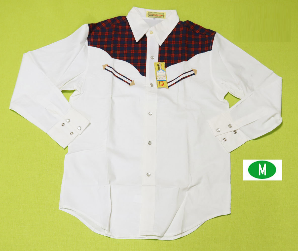 レトロ昭和ヴィンテージVINTAGE長袖シャツ＊rm1266＊新品タグ付きMサイズ綿　カジュアル日本製チェック白ホワイト