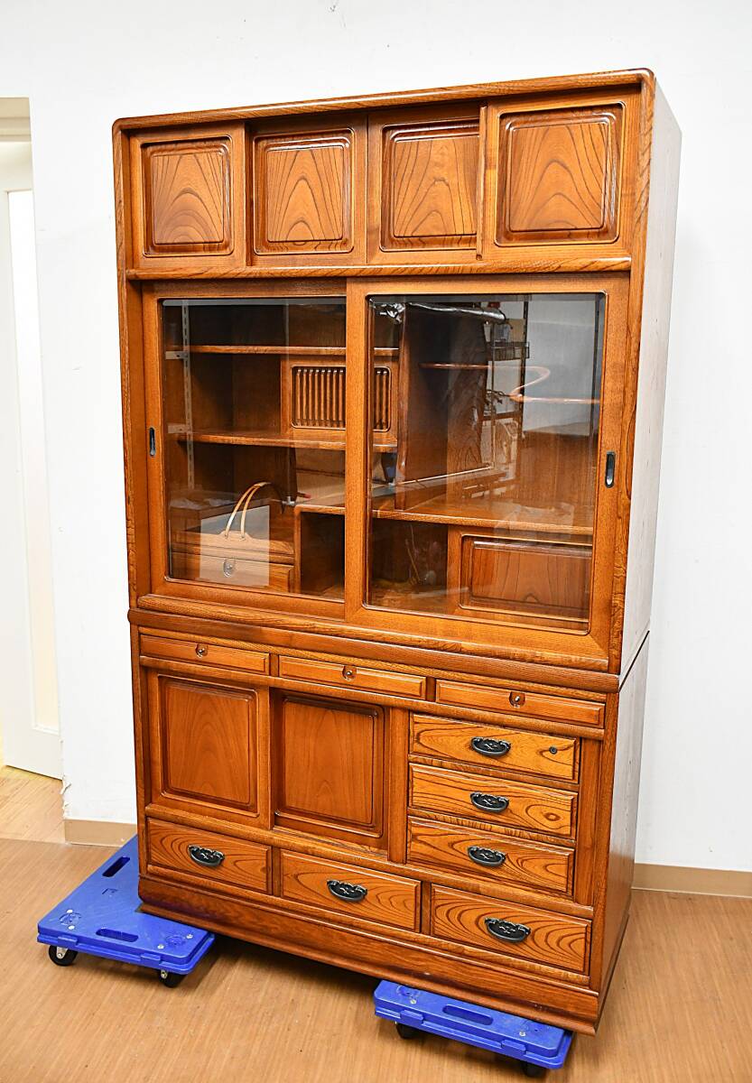 D35-QS2-1　茶箪笥 食器棚 茶タンス 和風 和箪笥 重ね茶棚 飾り棚 2分割 ガラス扉 収納 高さ:約175cm 古家具 時代物 新潟市直接取引可