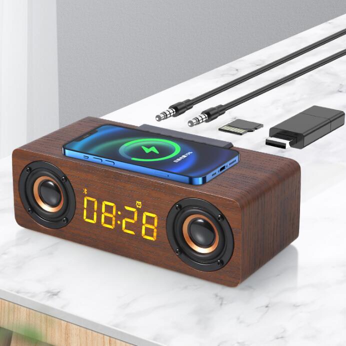 新入荷ラジオ機能ワイヤレス充電ブルートゥーススピーカーBluetoothスピーカー ワイヤレスピーカー木 目覚まし置き時計 qi アラーム 5.0 ぶ