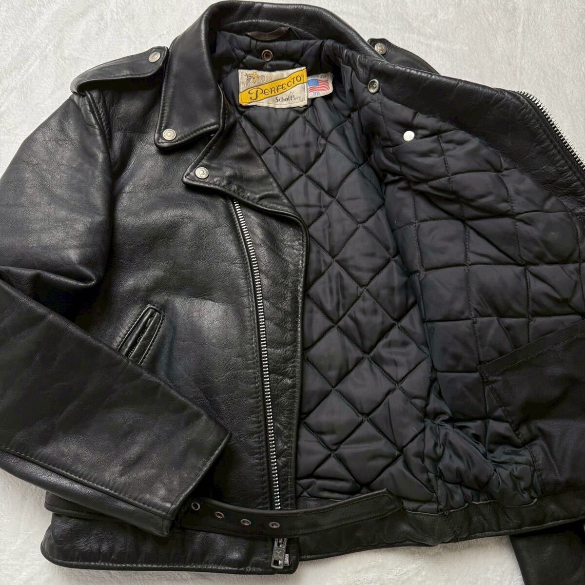 2248美品◎L相当!ショット schott 618 ダブル ライダースジャケット ブルゾン カウレザー 牛革 本革 黒 ブラック 38 キルティング 革ジャン