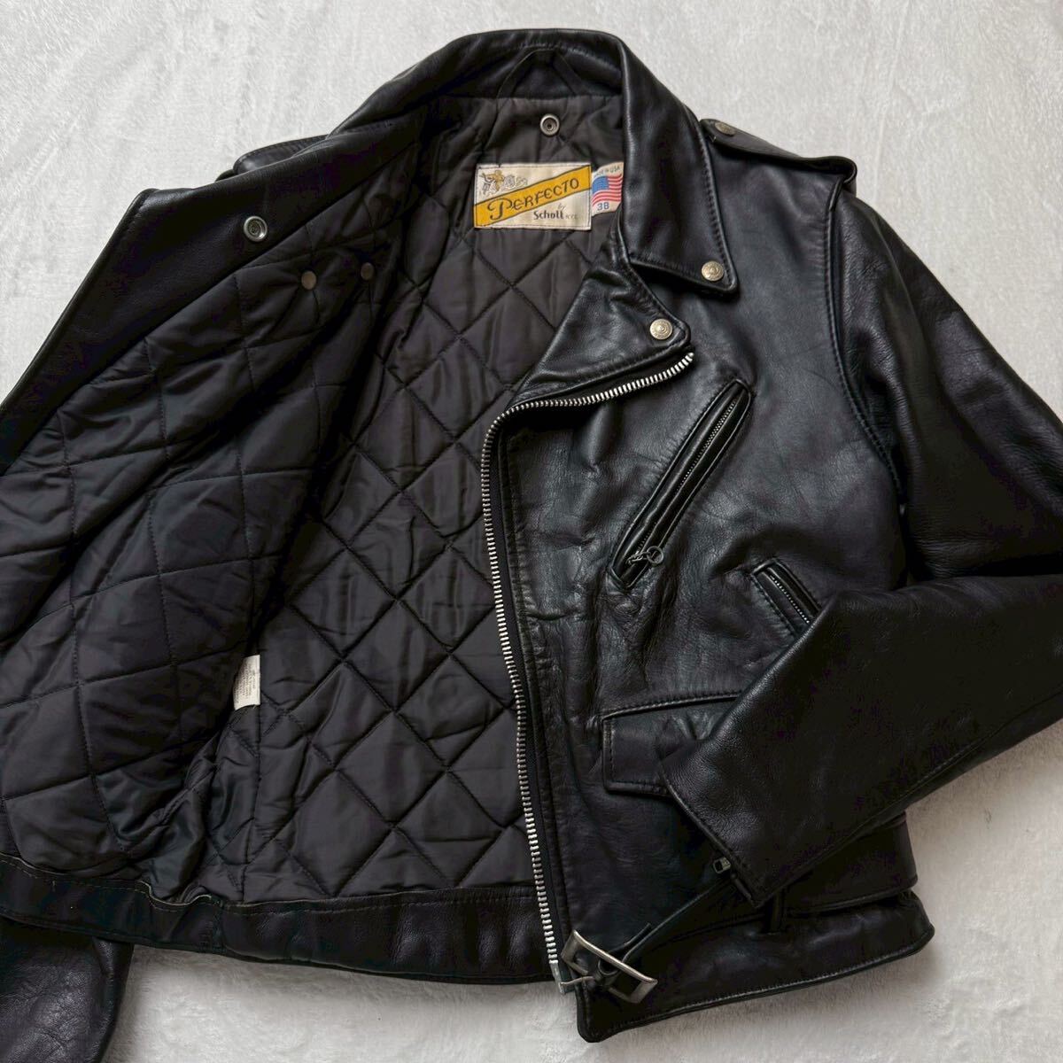 2249美品◎L相当!ショット schott 618 ダブル ライダースジャケット ブルゾン カウレザー 牛革 本革 黒 ブラック 38 キルティング 革ジャン