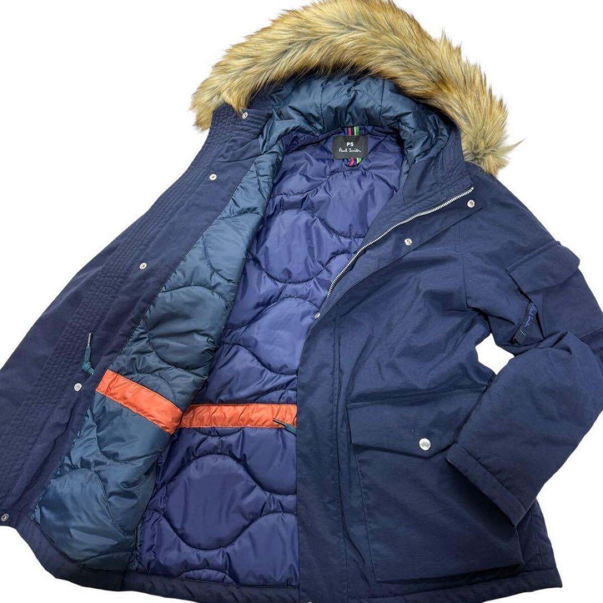 675 美品 現行 Paul Smith 裏地キルティング ダウンジャケット ダウンコート ファー ポールスミス アウター n-3b メンズ ネイビー M相当