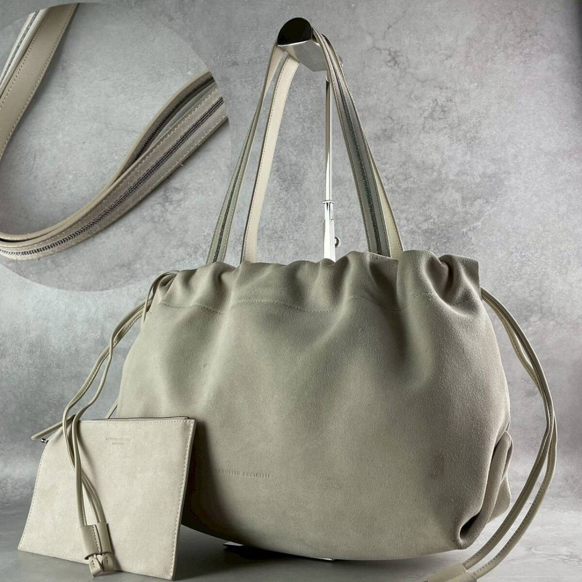 【入手困難品】BRUNELLO CUCINELLI ブルネロクチネリ ポーチ付き巾着ハンドバッグ スウェードレザー モニーレ ビジュー ロゴ 男女兼用