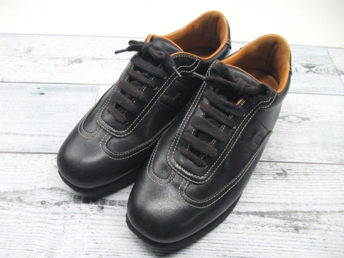 ☆【B送900円】3214　HERMES　エルメス　クイック　レザースニーカー　ダークブラウン　Ｈロゴ　レースアップ　イタリア製　37
