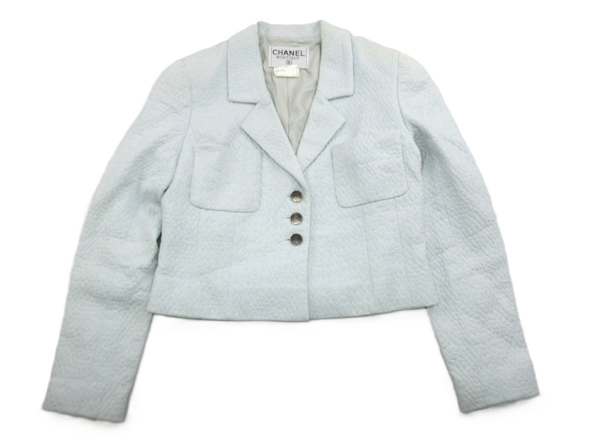 ☆【B送900円】3229　CHANEL　シャネル　ヴィンテージジャケット　97 C　クルーズコレクション　ライトブルー　綿100％　ショート丈　40