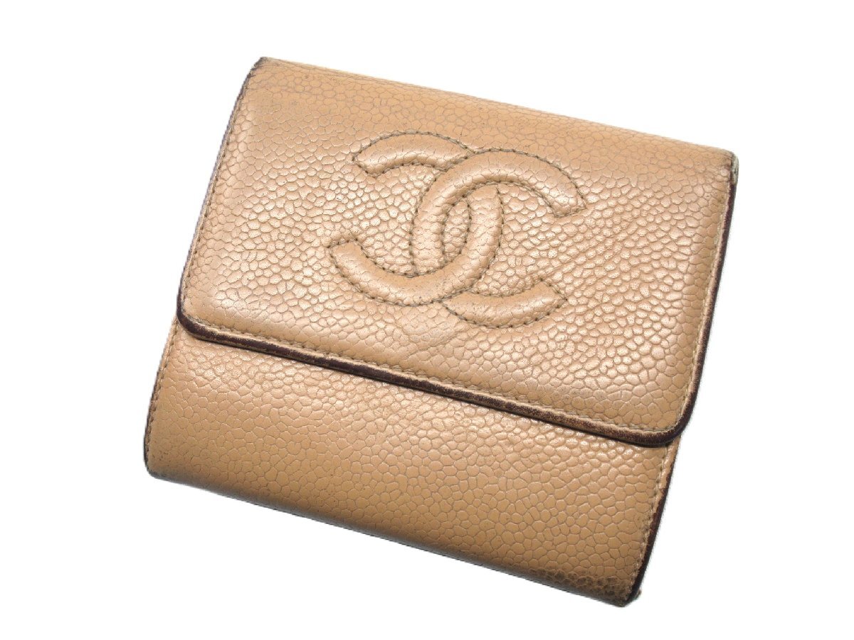 ☆【B送900円】3245　CHANEL　シャネル　キャビアスキン　ココマークステッチ　三つ折り財布　ベージュ　レザー　ウォレット　シール8番台