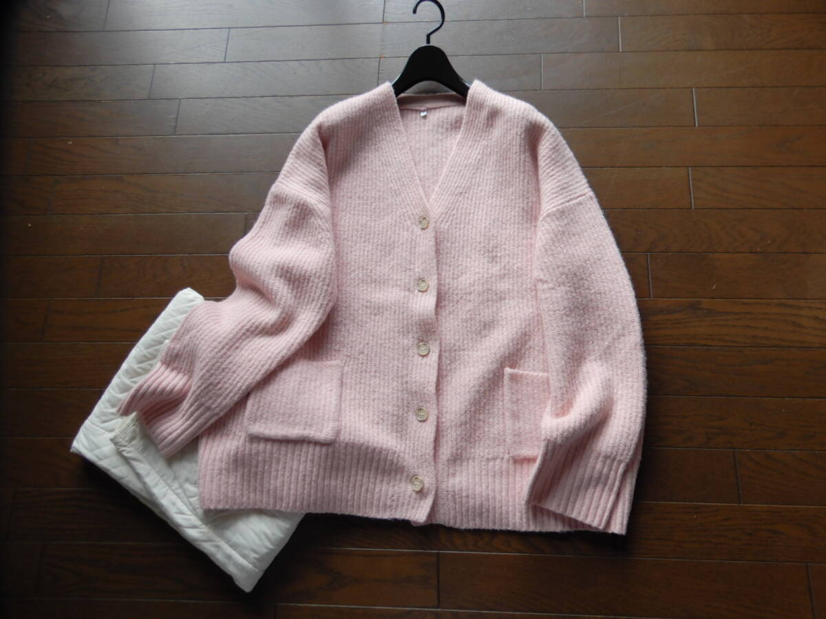 【COCA/コカ】洗えるウールブレンド大人可愛いピンクゆったりオーバーサイズカラーカーディガン　