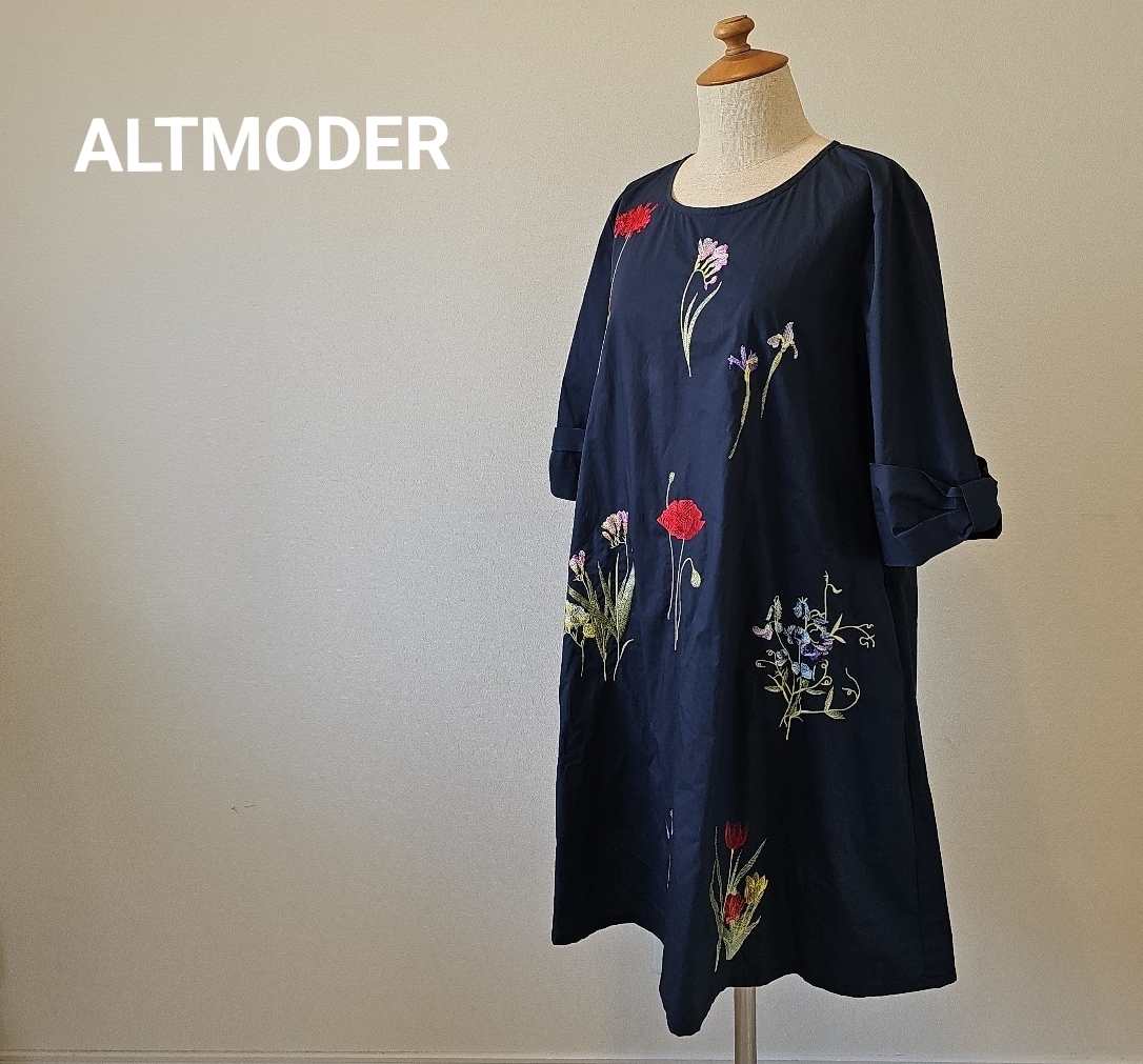 ALTMODER アルトモーダ 花刺繍 リボン袖 ネイビー ワンピース 春 大人 可愛い M-L■F3mar6