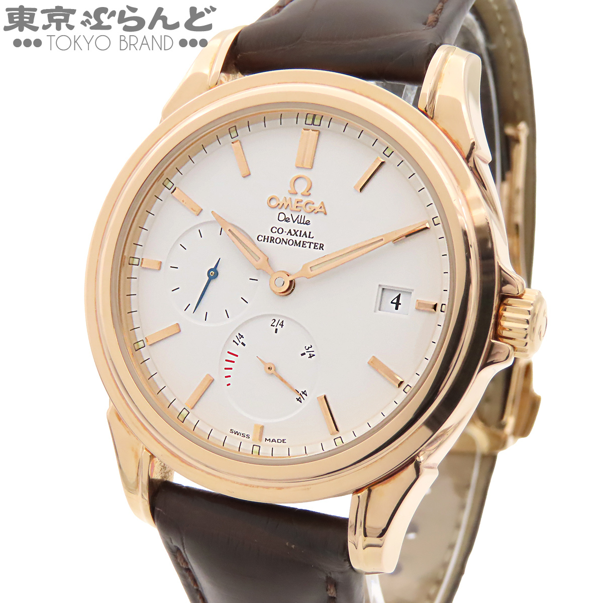 101852168 オメガ OMEGA デヴィル コーアクシャル 4652.20.32 ホワイト K18RG アリゲーター パワーリザーブ 金無垢 腕時計 メンズ 自動巻