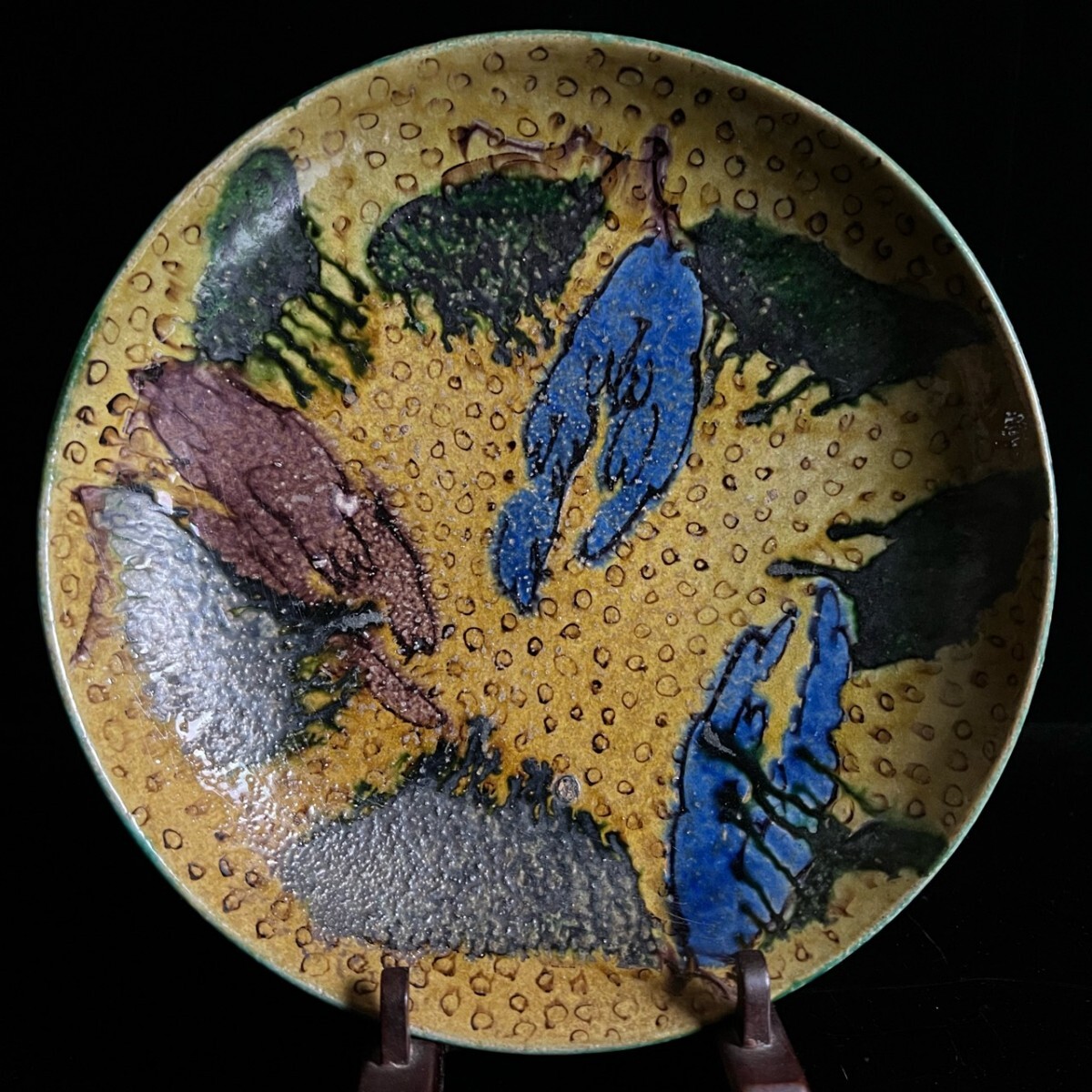 古美術品 時代物 青九谷 魚子文皿 24.5cm 古九谷 吉田屋 青手 唐物骨董[麌]