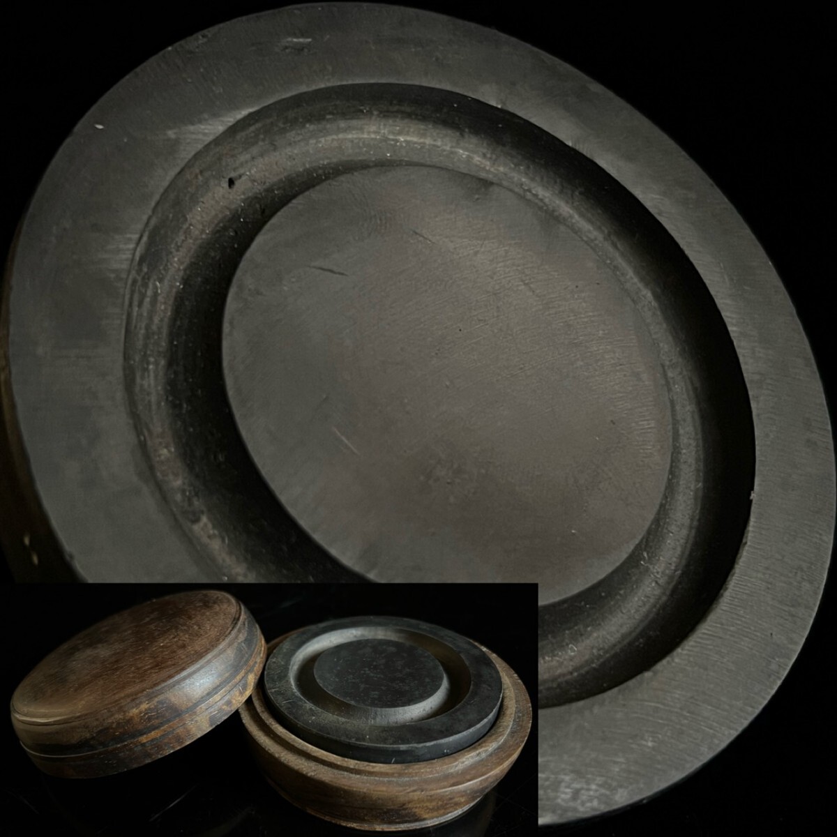 中国古玩 時代物 丸形 端渓硯 155g 小振 書道具 文房四宝 天然 唐木箱 円硯 中国美術 唐物骨董[麌]
