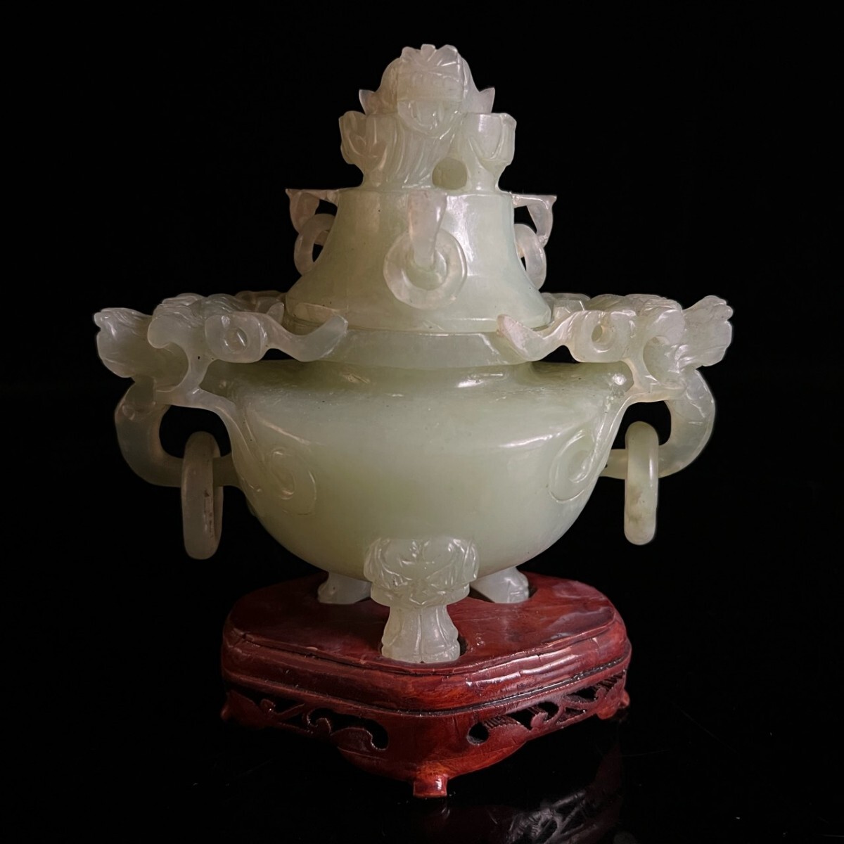 古美術品 玉製 龍彫刻三足香炉 17cm 895g 唐木台座付 細密彫刻 時代物 中国美術 唐物骨董[麌]