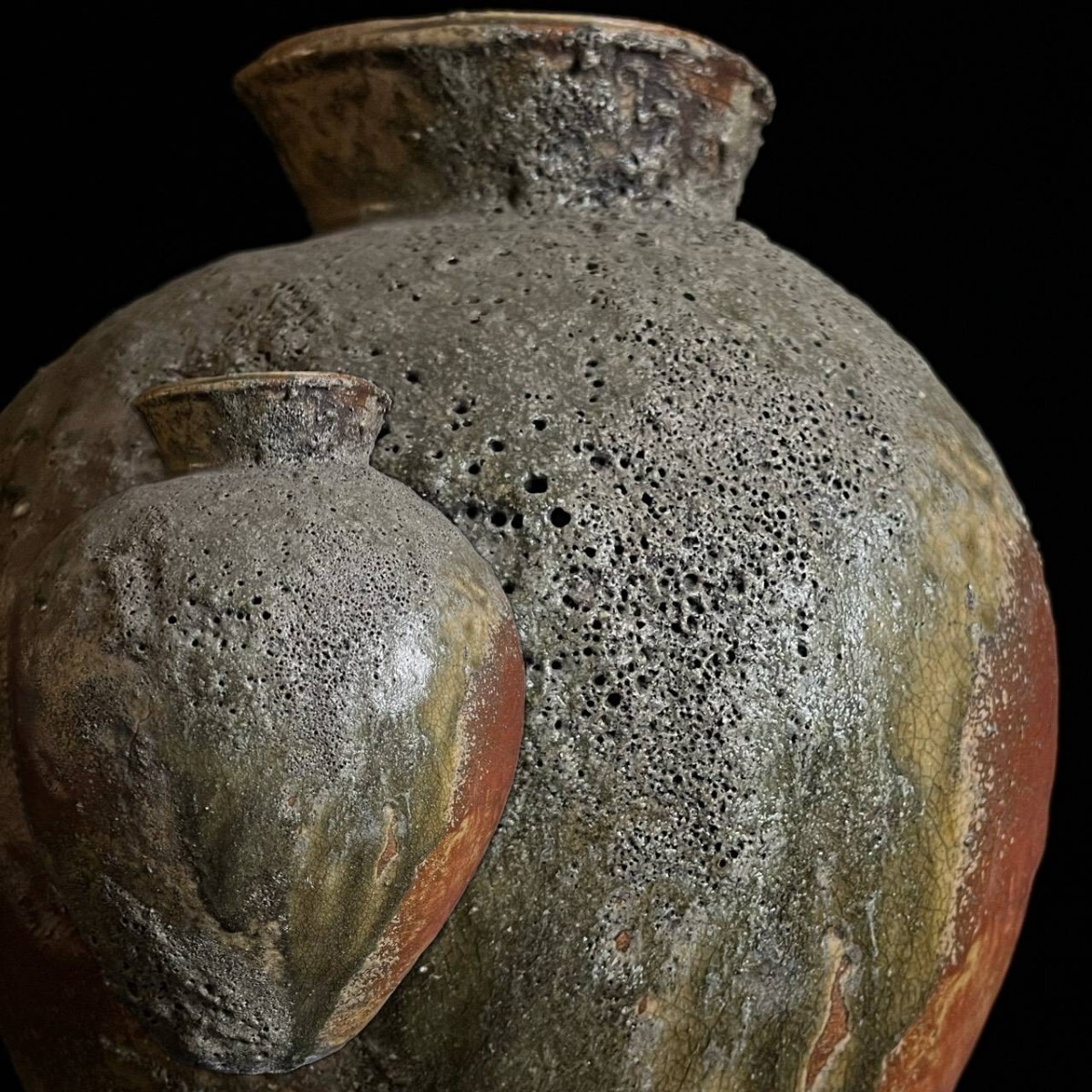 平安時代 古信楽 自然釉 壺 36cm 灰釉 二重口 蹲壺 六古窯 唐物骨董[麌]