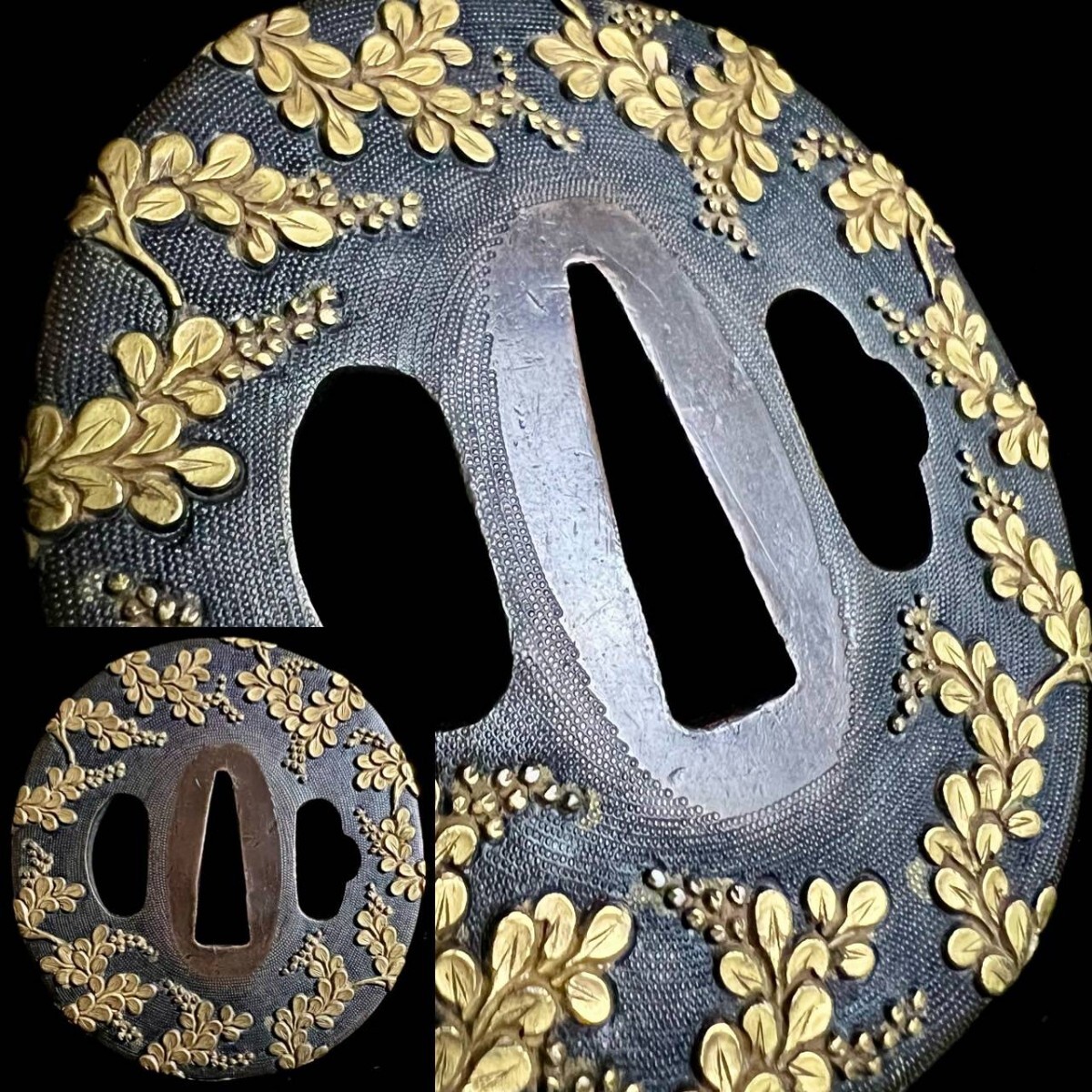 刀剣美術 赤銅魚子地 藤花図金象嵌鍔 7.05cm 123.6g 桐箱付 最上級美濃鍔 豪華絢爛 超絶技巧 刀装具 刀剣武具骨董[麌]