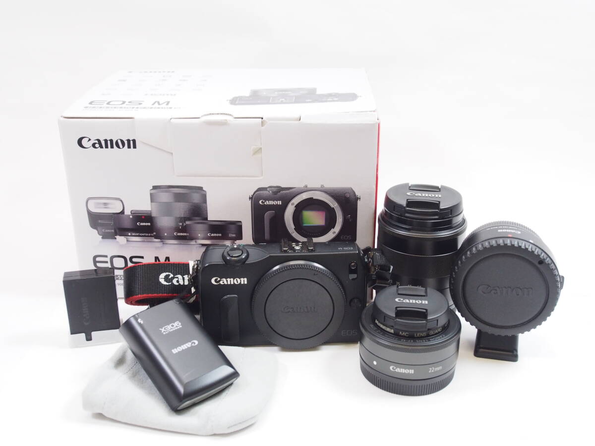 【外観美品】◎Canon キヤノン EOS M ダブルレンズ・スピードライト 90EX・マウントアダプター EF-EOS M キット（元箱付）