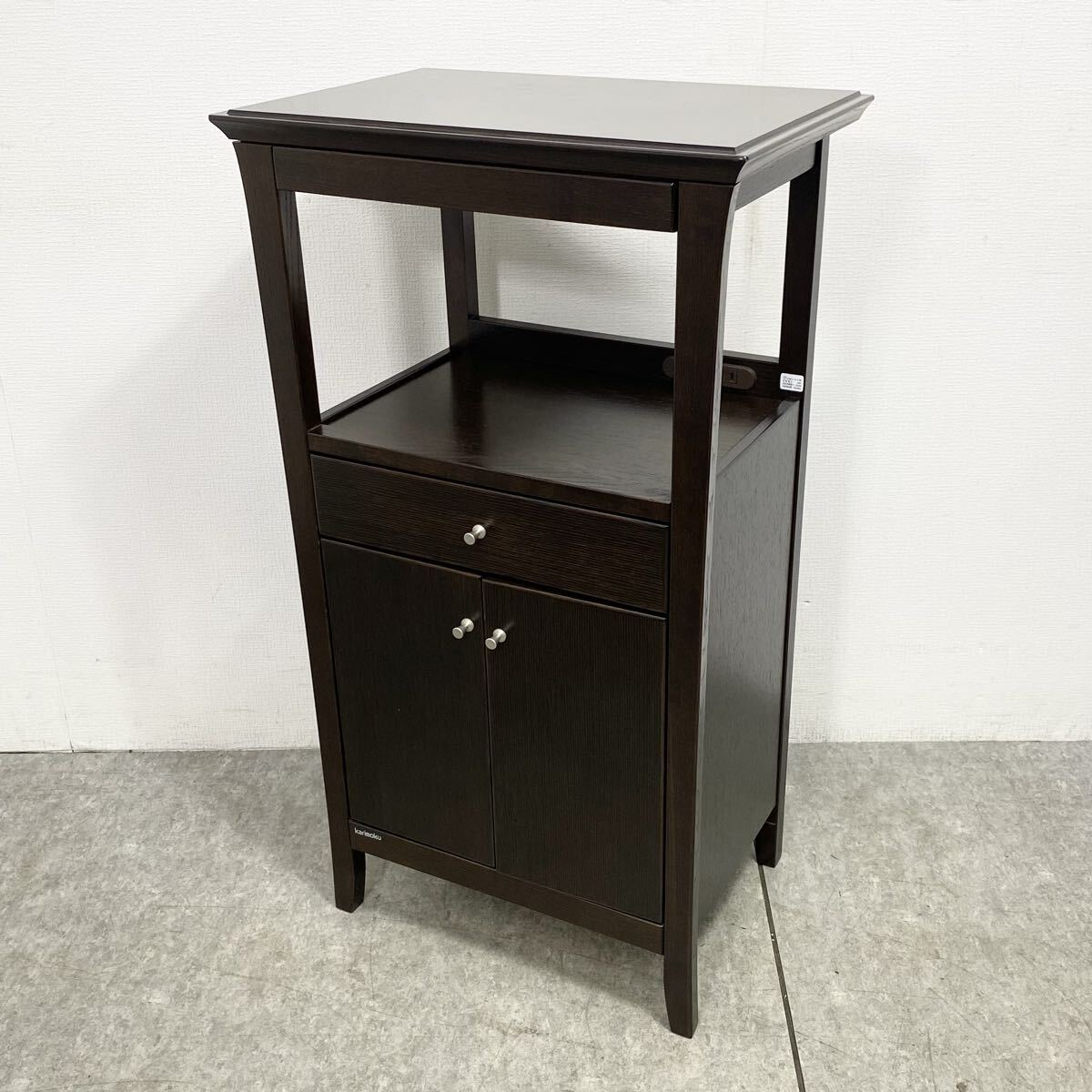 ● Karimoku カリモク 木製 電話台 飾り棚 サイドキャビネット FAX台 キャビネット 扉 引き出し 収納 コンセント穴2口付き ●26020503K