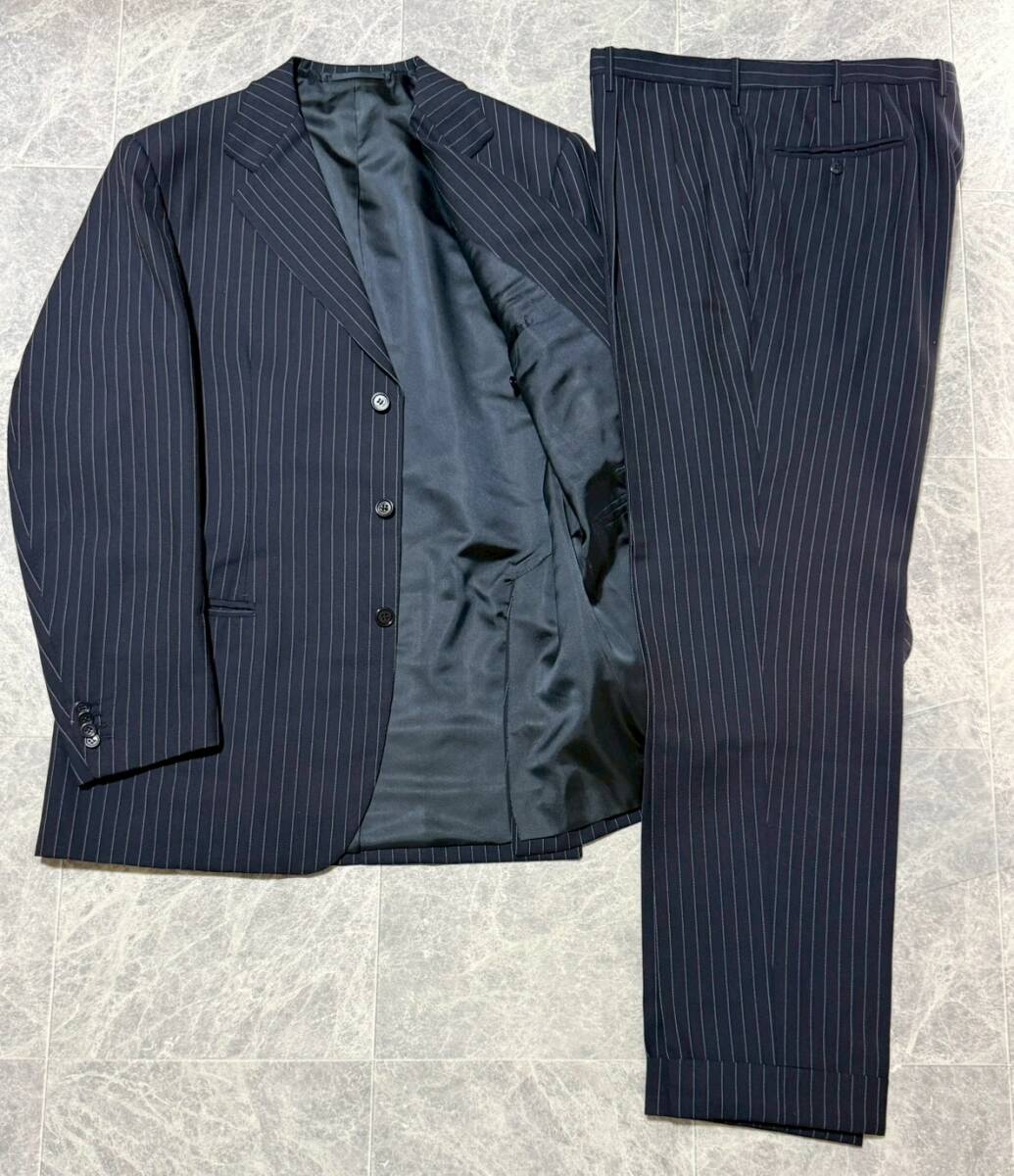 TINDARO DE LUCA Huddersfield Bespoke ティンダロデルカ ビスポーク ウール ストライプ柄 3B テーラード スーツ セットアップ ネイビー 紺