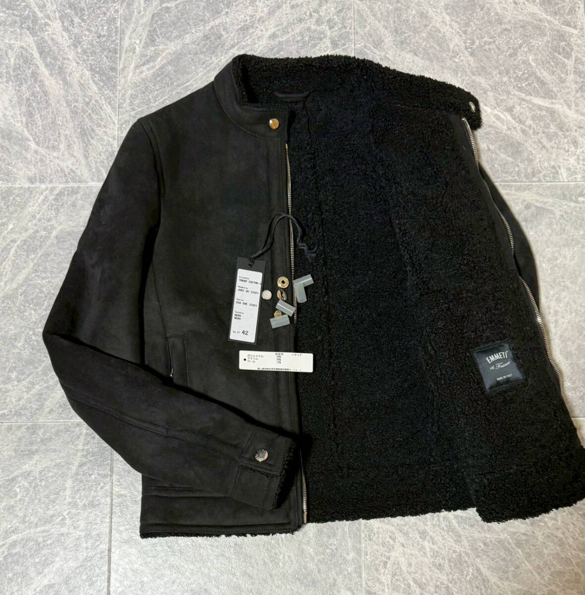 タグ付 EMMETI エンメティ ムートン ボア フェイクレザー シングル ライダース ジャケット サイズ42 黒 ブラック 