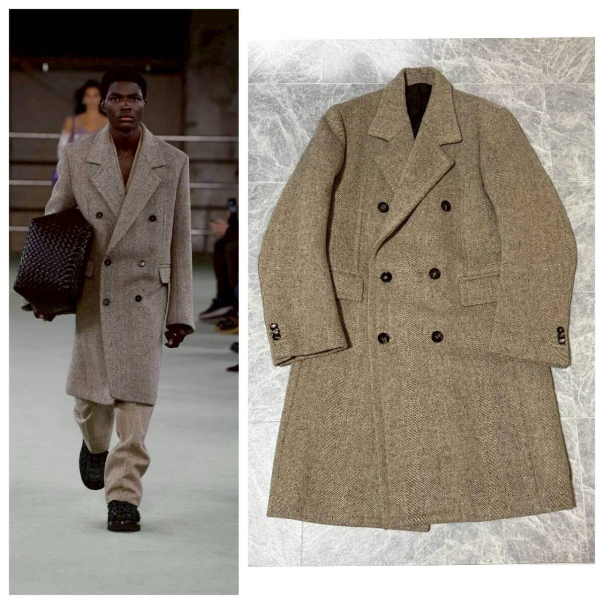 タグ付 BOTTEGA VENETA 2022AW ボッテガヴェネタ マチュー ツイード シルク モヘア アルパカ ダブル ロング コート カーブシェイプ 46