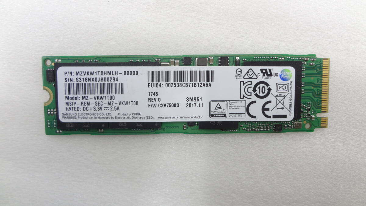 SAMSUNG SSD MZ-VKW1T00 1TB 使用時間：1278h M.2 NVMe 中古動作品