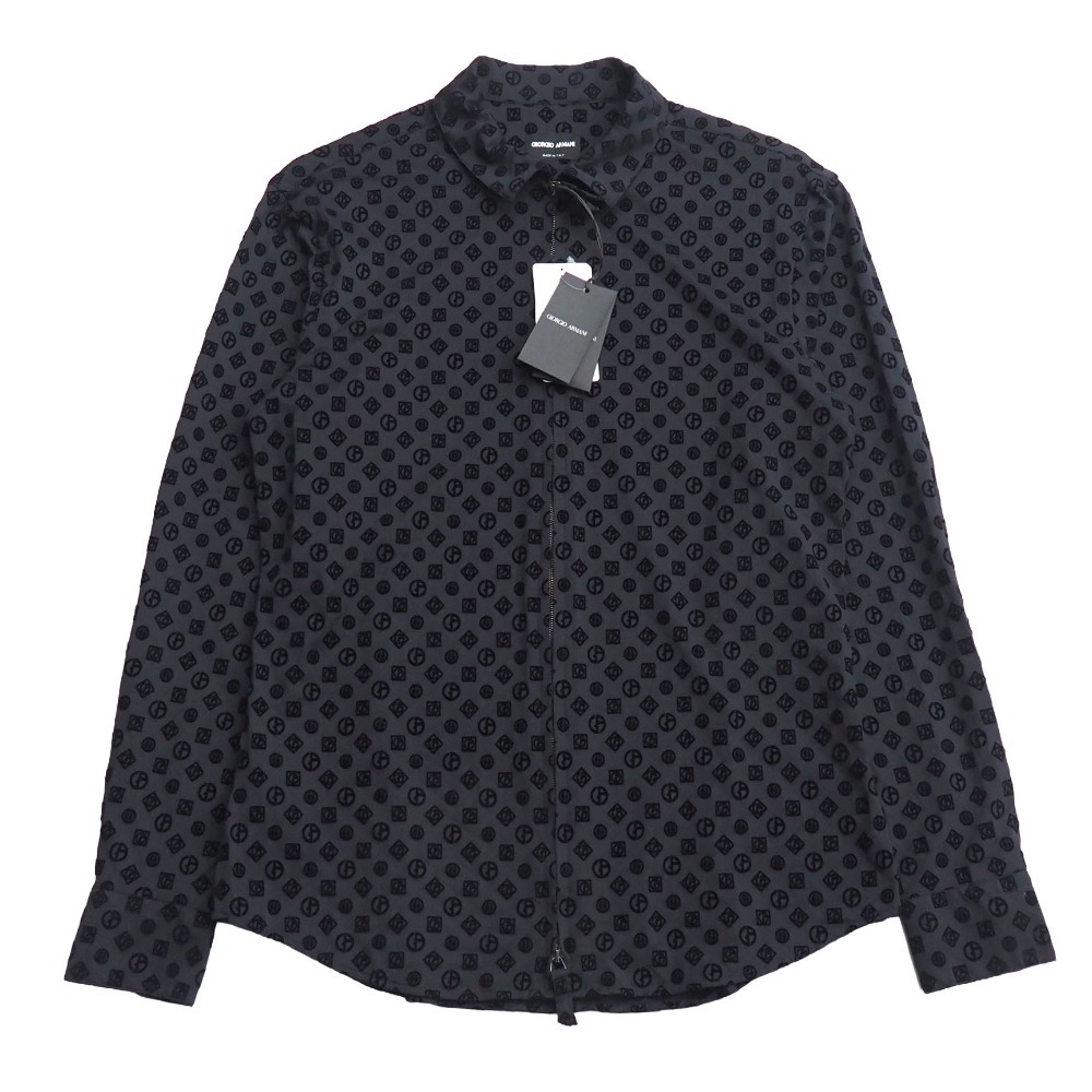 未使用 GIORGIO ARMANI ジョルジオアルマーニ 長袖シャツ サイズ39 15 1/2 ロゴ フロッキープリント ストレッチ