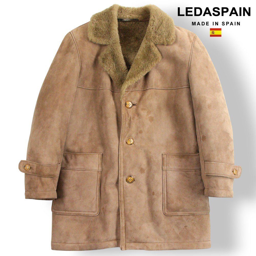 美品 スペイン製 LEDASPAIN レダスペイン 羊革 ダブルフェイス ムートン ランチコート 茶 L【参考価格￥220,000-】