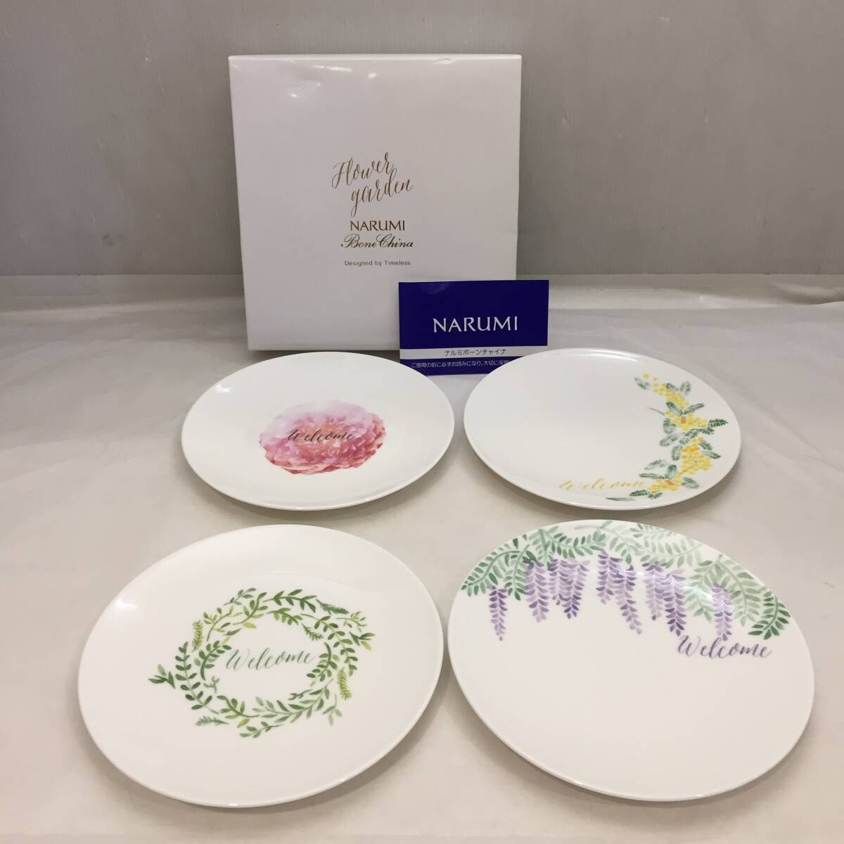 F022703◎ナルミ NARUMI ボーンチャイナプレートセット 皿 プレート flower garden 花柄 4枚 直径約16㎝◎
