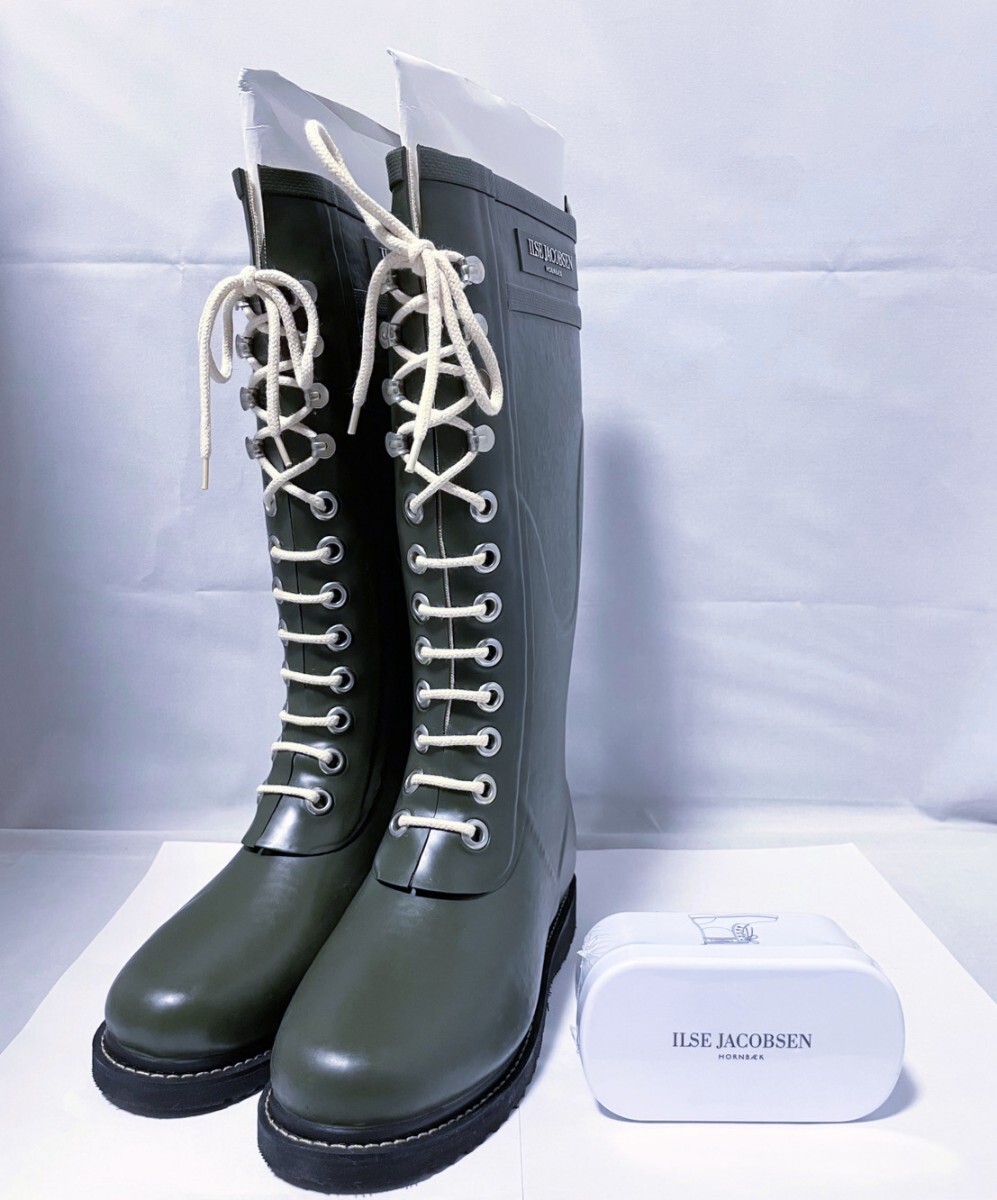 【タグ付き 新品未使用】ILSE JACOBSEN イルセ ヤコブセン レインブーツ ロング丈 レースアップ カーキ 23.0cm ケアスポンジ付き 送料無料