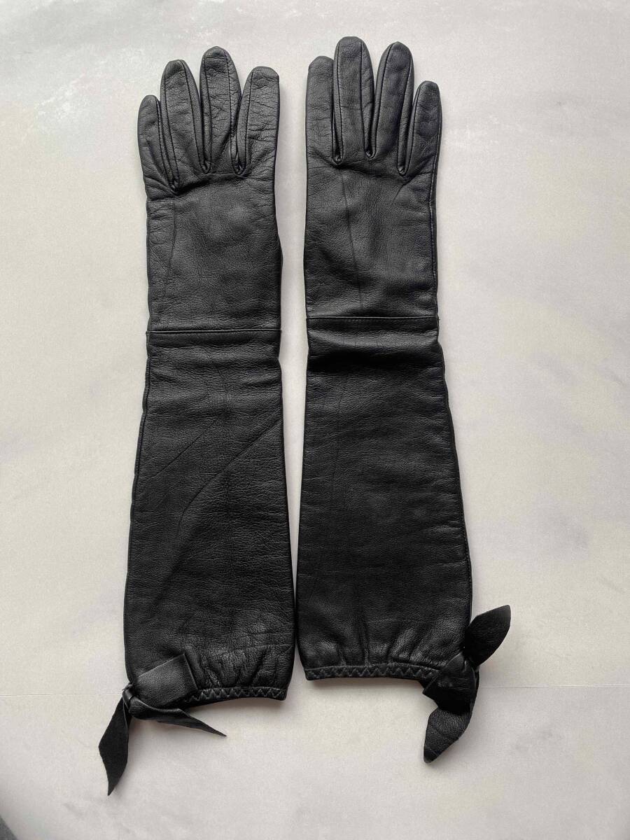 【美品】レディース　レザー　ロンググローブ　ブラック　黒革手袋　リボンデザイン