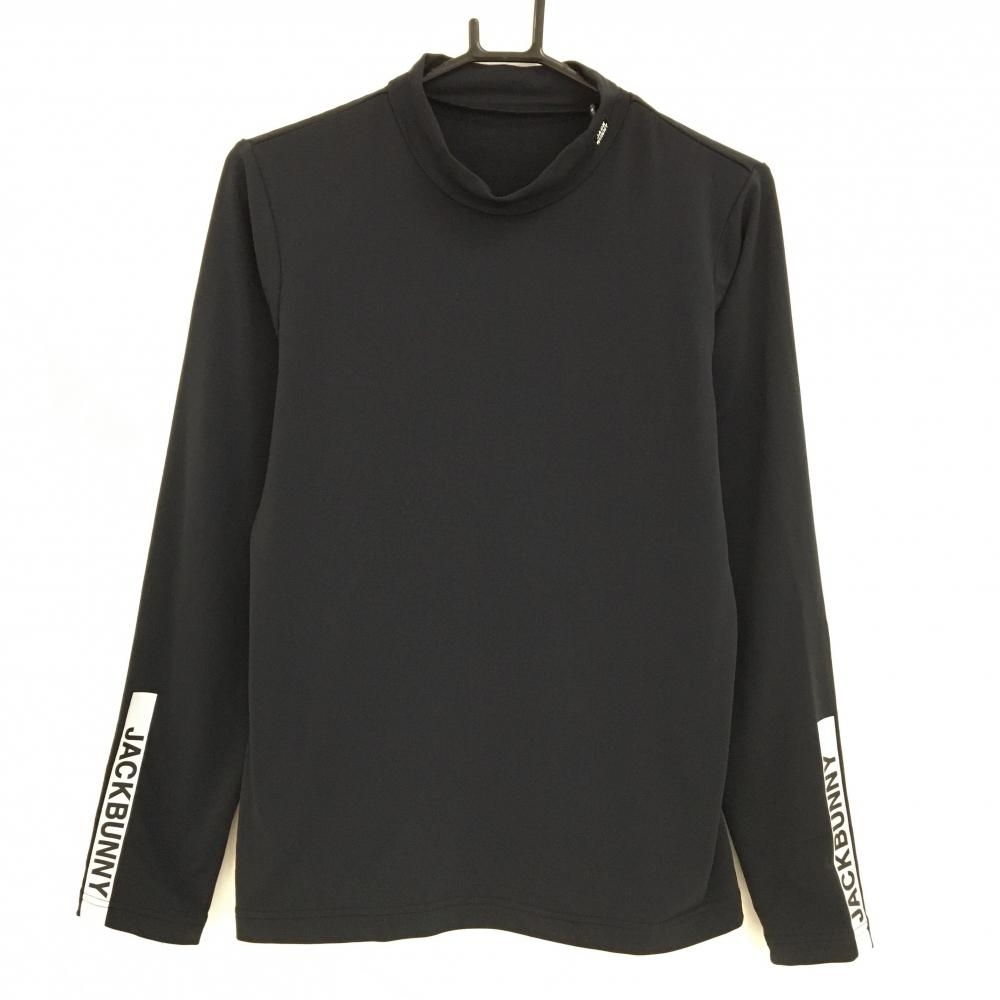 【美品】ジャックバニー 長袖ハイネックシャツ 黒 袖ロゴプリント 裏微起毛 レディース 2(L) ゴルフウェア 2024年モデル Jack Bunny