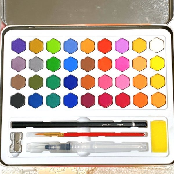 ★未使用【Pagos】水彩絵の具36色セット（水筆、小筆、鉛筆、鉛筆削り、水彩紙10枚入り）