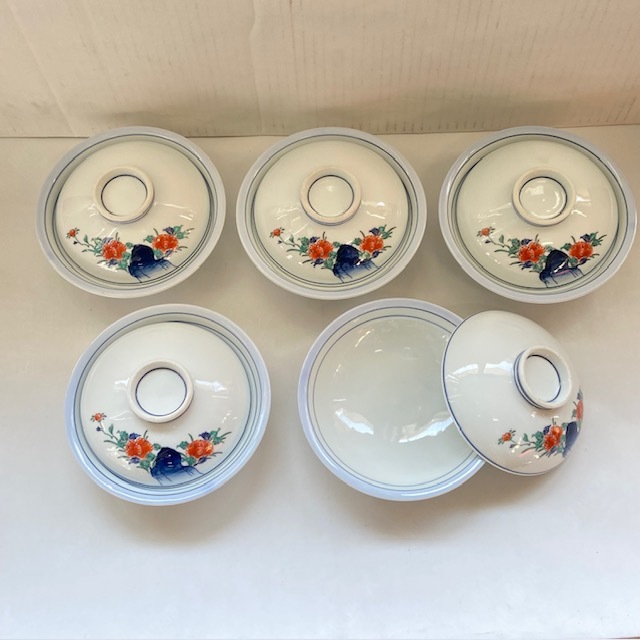 有田焼 蓋付き 茶碗 5客セット 岩牡丹 和食器 昭和レトロ 食器 陶器 陶磁器 花柄