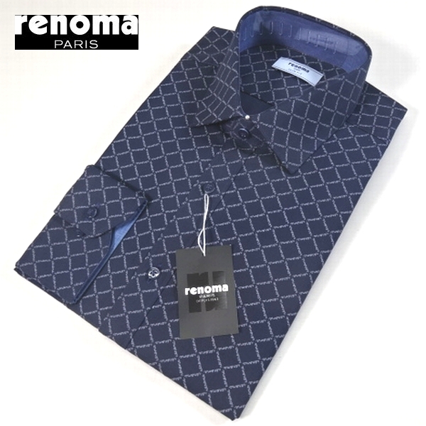 新品 renoma PARIS レノマ パリス 長袖 ドレスシャツ ビジネスシャツ M 100 紺 総ロゴ柄 メンズ 男性 紳士用 スーツに