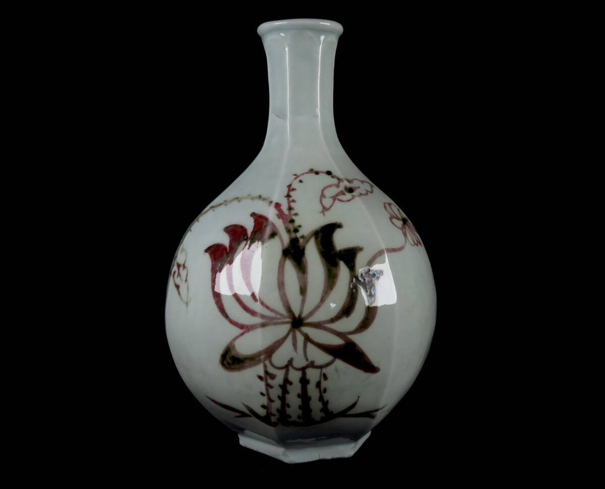 【SAKURAYA】コレクター所蔵品【李朝 辰砂蓮花文面取瓶】朝鮮古美術 古陶磁 花瓶 壷 壺 花瓶 時代 唐物 中国古玩 骨董品 古美術品 高さ26cm