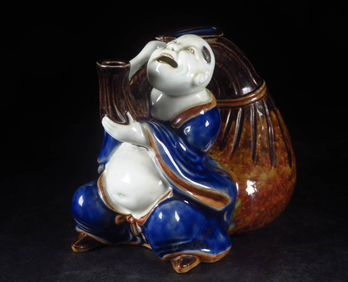 【SAKURAYA】旧家整理品【平戸焼 瑠璃釉軍配蓋布袋形水注】時代 時代物 置物 オブジェ 酒器 茶器 茶道具 骨董品 古美術品 全長18.5cm