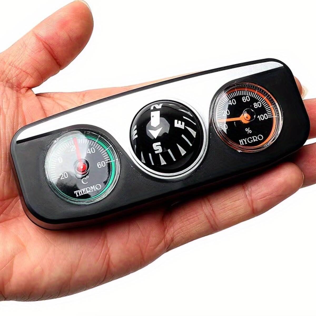 車用 コンパス 温度計 湿度計 車載用時計 13cm コンパクト ダッシュボード 貼り付け シール 電池不要 見やすい ブラック 黒 アナログ t6555