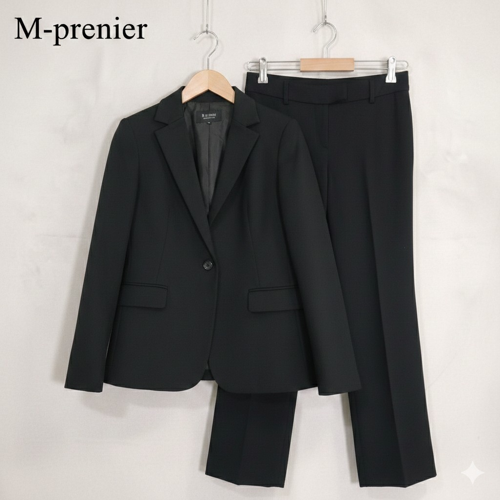 M-premier エムプルミエ パンツ セットアップ スーツ ウールブレンド ストレッチ シングル 1ボタン 38 ブラック 日本製 フォーマル 通勤