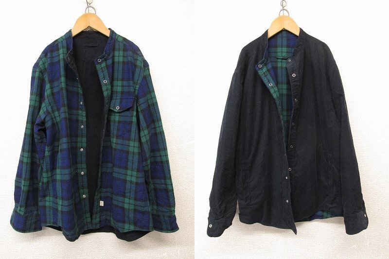k8443：J.PRESS / ジェイプレス リバーシブル ノーカラー 長袖シャツ L シャツジャケット チェック柄×コーデュロイ 紺緑 メンズ紳士：6
