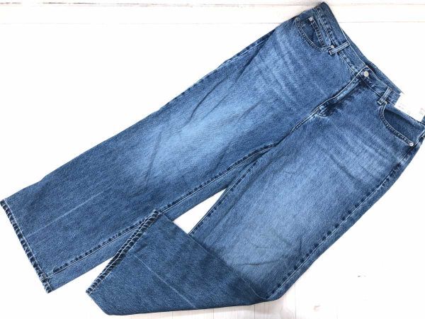 新品 ユニクロ UNIQLO ワイド ストレート USEDウォッシュ デニム パンツ ジーンズ 青 32 レディース コットン100%