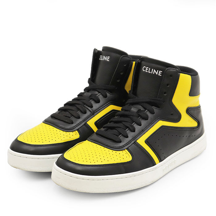 SALE【極美品】CELINE セリーヌ スニーカー レザー ハイカット CT-01 ロゴ プリント バイカラー シューズ 靴 箱・紐付属 メンズ 42 黒 黄