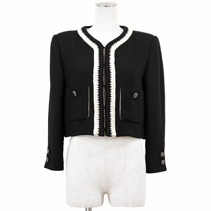 CHANEL シャネル SAMPLE not for resale ジャケット 38 レディース P71865 21PreFall CCロゴ シルク100% ニットトリミング 短丈 黒 仏製