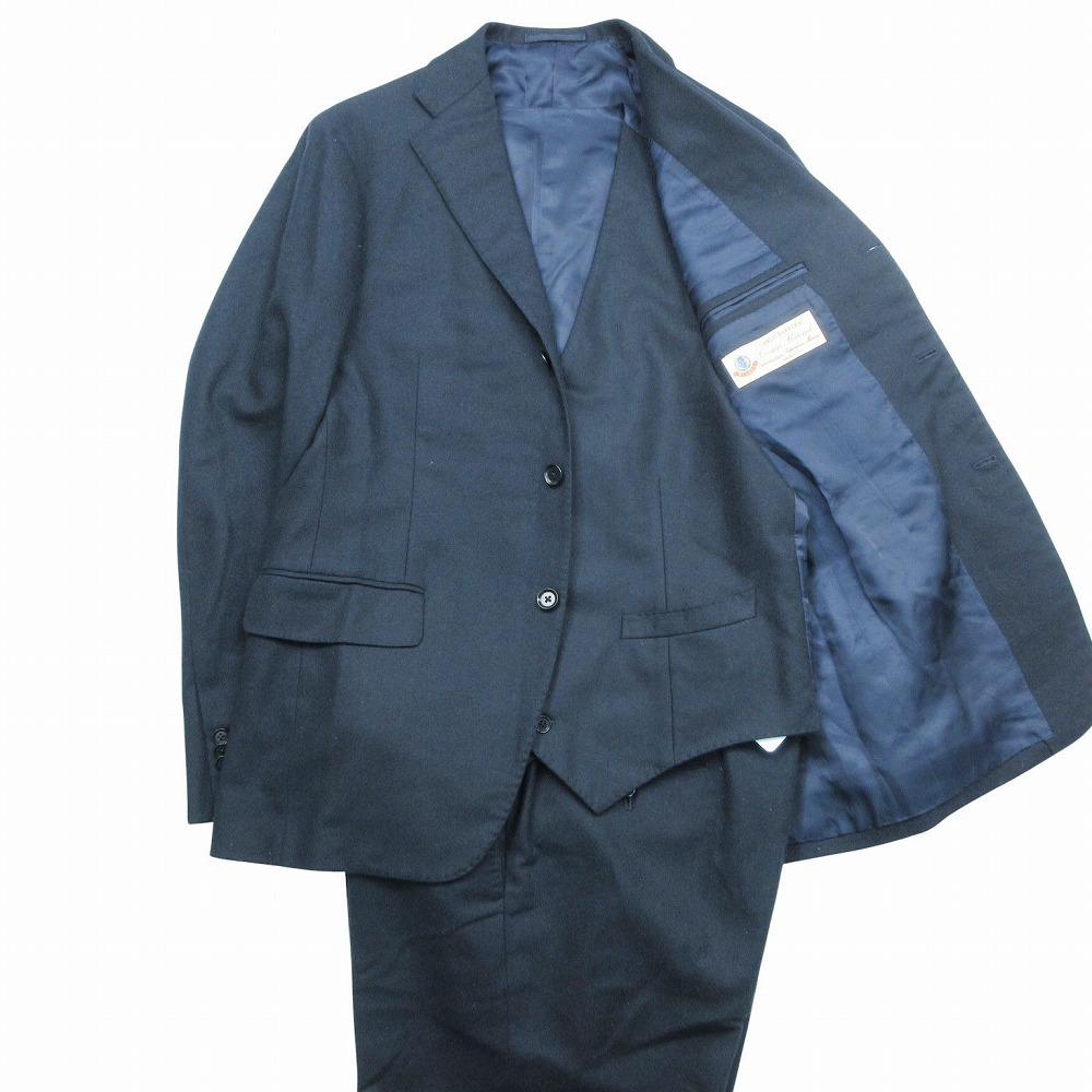 salotto di guji CARLO BARBERA CREAM FLANNEL グジ フランネル生地 3ピース スーツ セットアップ ネイビー 52 XL メンズ 【中古】