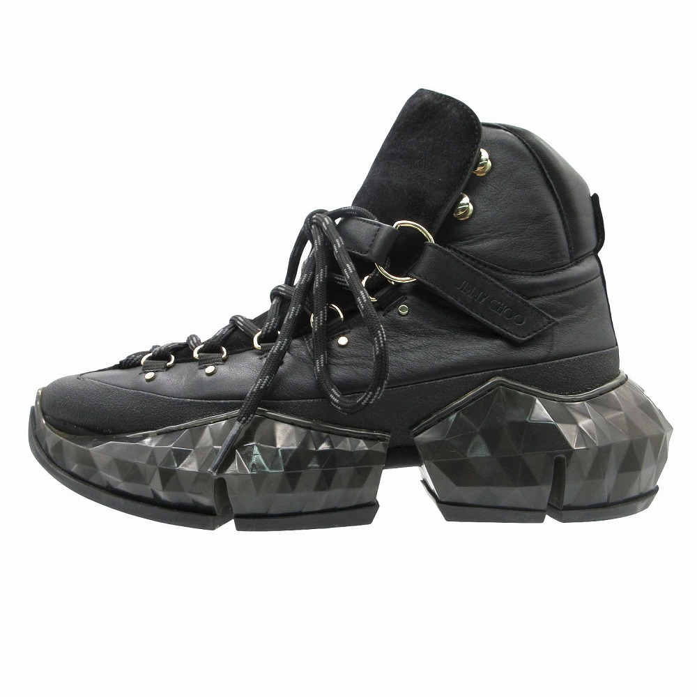 美品 JIMMY CHOO ジミーチュウ レザー スニーカー レースアップ 厚底 シューズ 靴 イタリア製 38 25cm ブラック レディース 【中古】