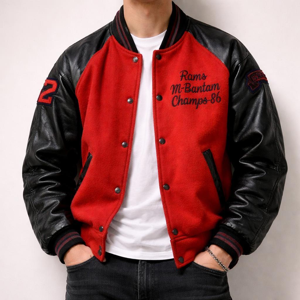 【希少80s/美品】Challenger Sportswear チャレンジャー スタジャン バーシティージャケット レザー切替 レッド×ブラック L相当 ワッペン